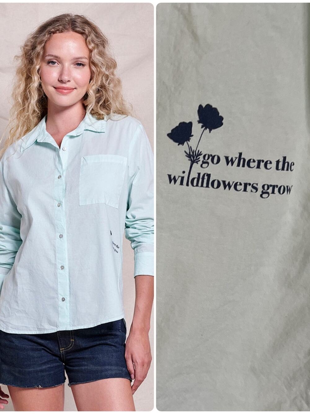 Sundry Go Where The Wildflowers Grow Long Sleeve Button Down Shirt Medium Blue